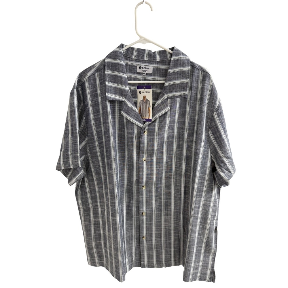 Sperry Mens XXL Navy Blue Striped Short Sleeve Camp Collar Button Down Shirt NEW